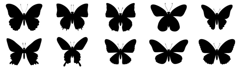 Set of butterfly in flight silhouettes. Black Set of butterflies. Set Of Butterflies Of Different Shapes, Isolated On White Background. Butterfly silhouette icons set. Vector illustration.