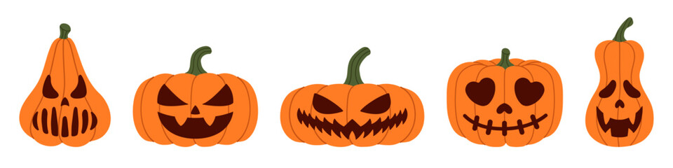 Collection of carved Halloween pumpkins with spooky and funny faces, including scary, creepy and cute jack-o’-lantern designs for autumn celebrations. Flat vector set. Hand drawn. Isolated background.