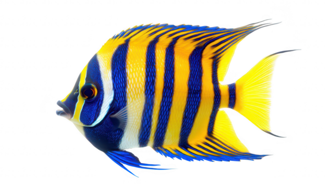 A marine fish with striking blue and yellow stripes swimming gracefully against a white background. ideal for educational materials or aquatic-themed decor