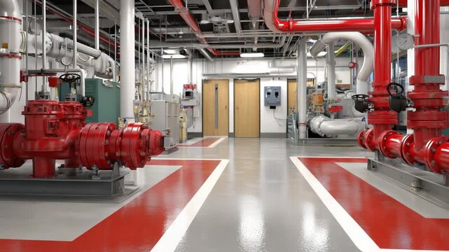 Explore a state-of-the-art industrial control room featuring red fire suppression pumps, a piping network, and wall-mounted gauges, ensuring safety and operational readiness.