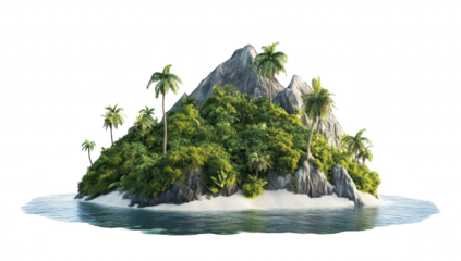 A picturesque tropical island featuring lush greenery. palm trees. and a rocky mountain. surrounded by calm waters. evoking a sense of tranquility and adventure. ideal for travel and nature themes