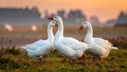 Obraz premium Three white geese in a field at sunrise