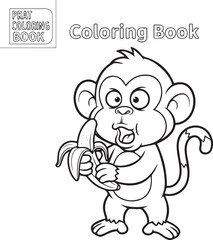 Create Line art coloring book of a cute monkey cartoon holding a banana with a funny expression illustration on white background.
