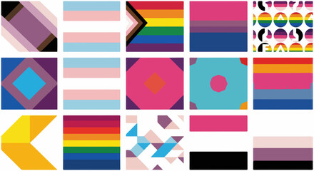 Fifteen various pride flags arranged in a grid pattern show LGBT symbols, representing the diversity and inclusion of identities.