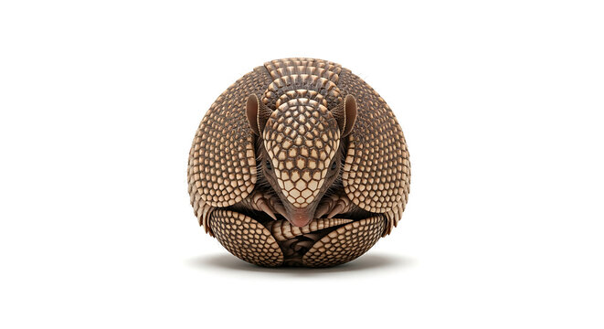 Isolated armadillo curled into a ball on a white background showing its protective shell detail