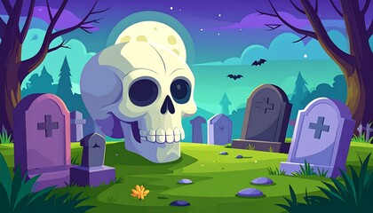 Cartoon graveyard scene at night with a skull