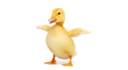 A fluffy yellow duckling standing with its wings spread on a plain white background in a studio shot