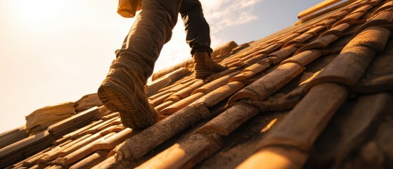 The Roofer Climbing a Roof at Sunset with Safety Equipment and Skills.