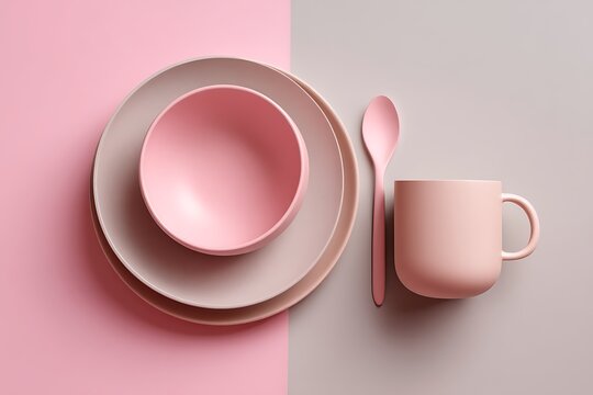 Minimalistic photo featuring an empty bowl and cup arranged on a split pink and beige pastel-colored background, evoking a clean and simple aesthetic.