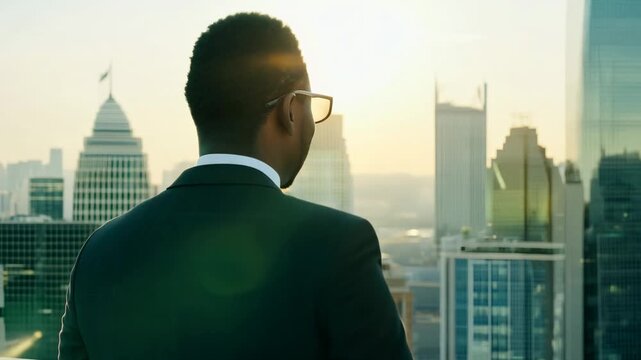 An African American businessman in a formal suit against the backdrop of skyscrapers. Businessman in suit looks ahead with towering skyscrapers in the background.