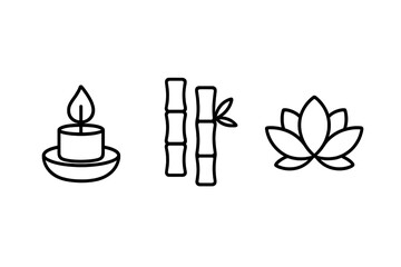 Simple line art of a candle, bamboo sticks, and a lotus flower for relaxation and meditation themes