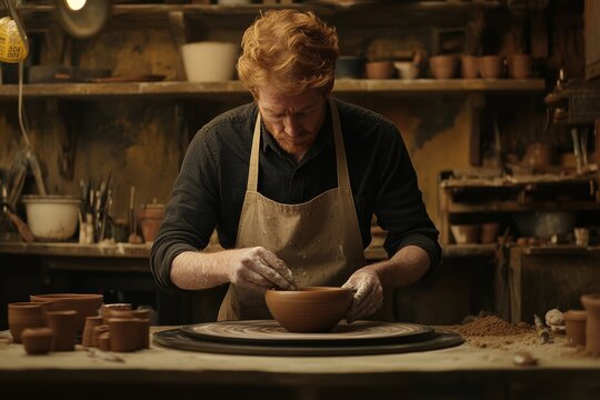Caucasian male potter crafting ceramic bowl in workshop