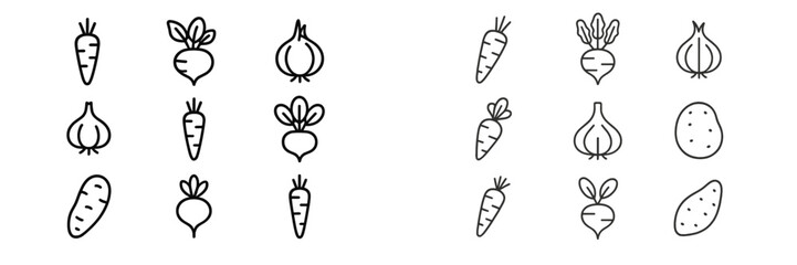 Colorful arrangement of various vegetables including carrots, radishes, onions, and potatoes in a simple line art style