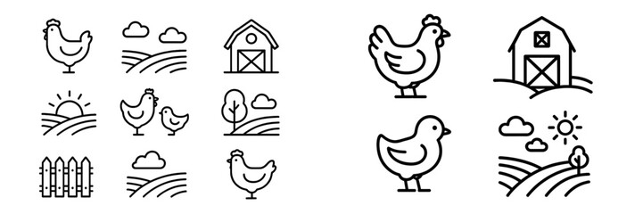 Farm scene with various chicken illustrations, barns, landscapes, and natural elements in a simple, minimalist style