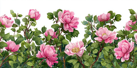 Delicate watercolor painting of pink peony bushes with lush green leaves, arranged as a romantic floral border, perfect for wedding invitations and decorative design.