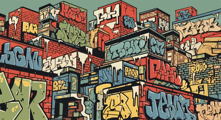 Obraz premium Urban graffiti artwork shows elaborate tags and stylistic letter forms on city buildings. Urban graffiti decorates brick walls, illustrating raw expressions and community messages,