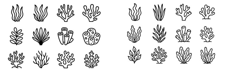 Simple line drawings of various underwater plants and corals for art and design projects