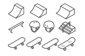 Collection of skateboard ramps, helmets, and boards for an urban skate park design