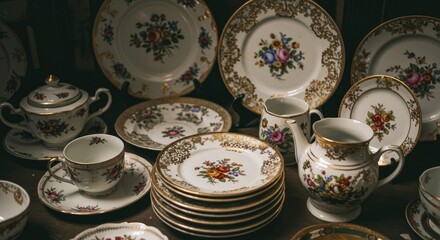 Elegant Vintage China Collection Featuring Floral Motifs and Gilded Details, Evoking a Sense of Timeless Beauty and Refined Taste in