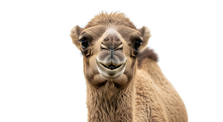 Fototapeta premium Close up of a camel with light brown fur and a white background looking directly at the camera lens