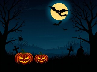 Spooky halloween night with glowing jack-o'-lanterns and bats flying by the full moon
