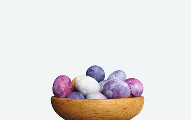 Modern Easter eggs in a wooden container. Cosmic theme. Pastel colors, blue dominance, minimalist egg decoration. Modern, futuristic, sustainable Easter