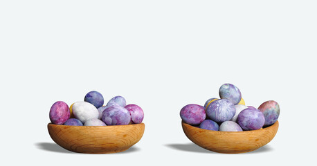 Easter eggs banner, eggs in a wooden container. Two bowls with eggs. Cosmic theme. Pastel colors, blue dominance, minimalist egg decoration. Modern, futuristic, sustainable Easter