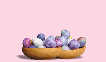 Futuristic Easter eggs in a wooden container. Two bowls with eggs. Cosmic theme. Pastel colors, blue dominance, minimalist egg decoration. Modern, futuristic, sustainable Easter
