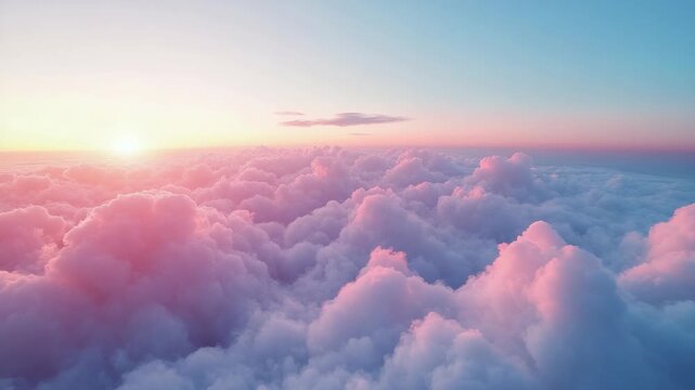 Serene sunrise over fluffy pink and blue cloudscape with bright horizon