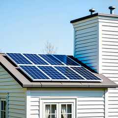 Solar panels installed on modern house roof under clear blue sky  