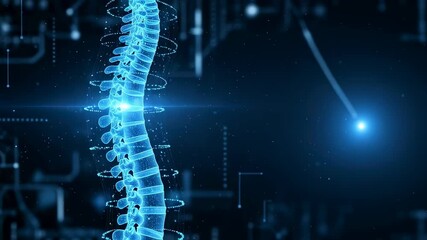 Human spine bone structure animation with glowing pain point for medical science or chiropractic presentation footage