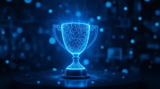 The shining blue trophy symbolizes success, achievement, and victory in a digital and futuristic abstract design. 4k video