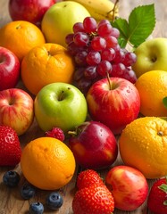 A vibrant collection of fresh fruit, including apples, oranges, grapes, berries, and a banana, arranged on a wooden surface