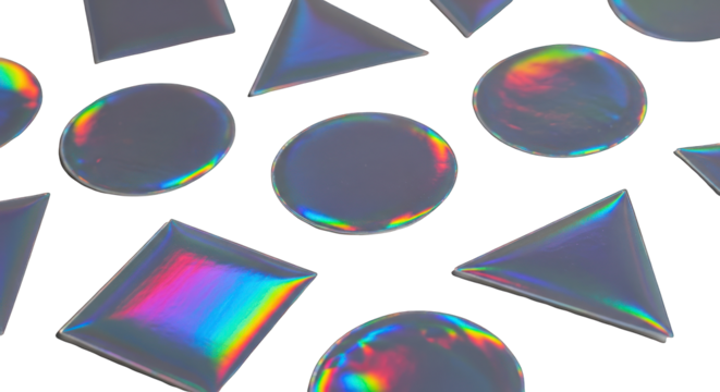 Holographic Geometric Shapes with Iridescent Rainbow Effect.