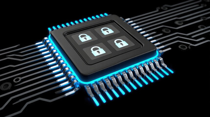Ai chip in secure cloud cybersecurity concept with glowing circuit and lock symbol showing data protection