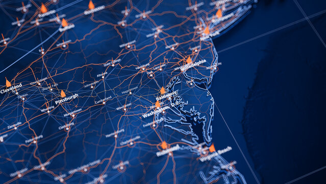 Baltimore map big data visualization. Futuristic map infographic of city in USA. Visual map data complexity in modern blue and orange colors
