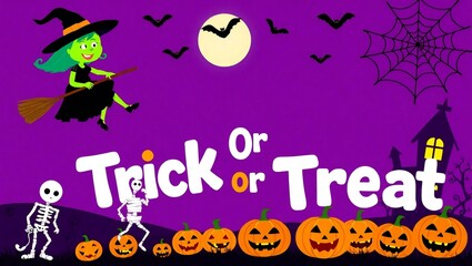 Spooky halloween scene with witch flying over pumpkins skeletons and the words trick or treat