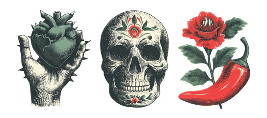 Detailed Vintage Artwork of Heart, Skull, and Chili Pepper on Transparent Background