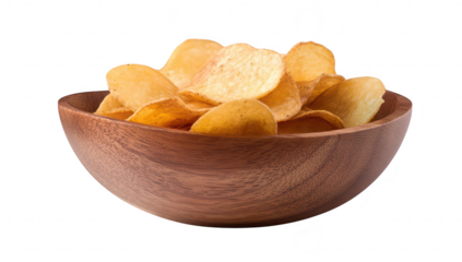 A close-up view of a wooden bowl filled with crispy potato chips. their golden color and texture. perfect for snack time or party gatherings. with a clean white background