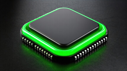 Ai chip in sustainable cloud computing technology with glowing green edge on black background, futuristic innovation