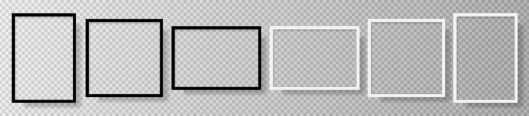 Photo Realistic Black Blank Picture Frame, hanging on a Wall from the Front. mockup isolated on transparent background. Graphic style template. Vector illustration