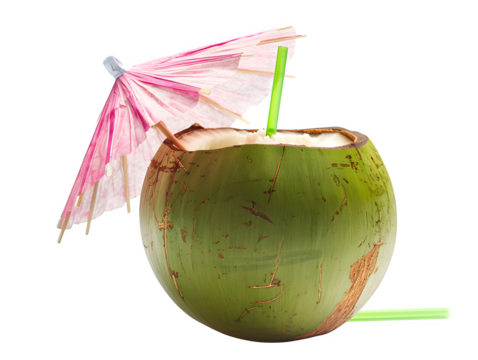 Refreshing tropical coconut drink with a pink umbrella and green straw, perfect for summer parties and vacation vibes.Isolated  to Transparent  Background