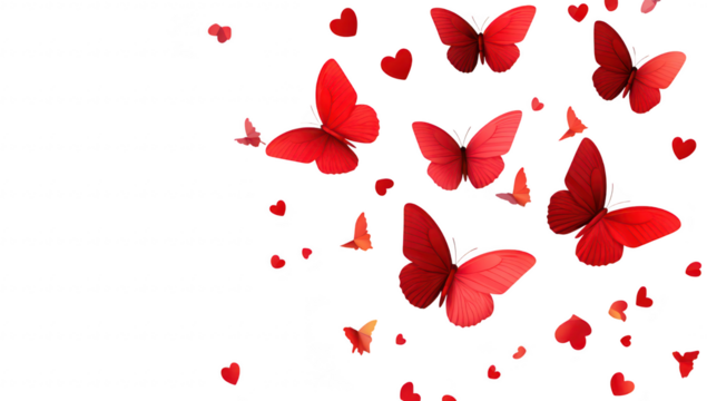 A display of red butterflies gracefully fluttering among scattered heart-shaped motifs. creating a romantic atmosphere suitable for love-themed projects and celebrations