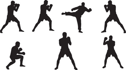 PrintSilhouette, martial arts, boxing, kickboxing, combat, training, movement, stance, technique, athlete, black, white, minimal, dynamic, power, discipline, defense, action, sport, energy