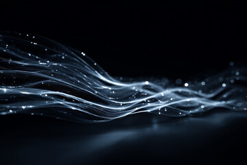 A black futuristic background showing streams of glowing data lines, minimal and stylish digital design.