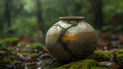 Earthy vase with dulled gold seams, rain and moss creating organic textures.