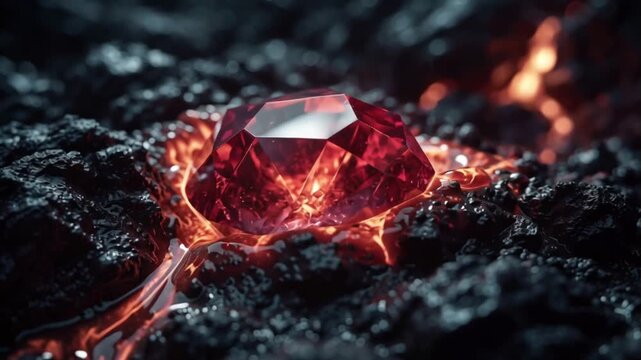 Fiery Ruby A Gemstone Emerges from Molten Rock in Intense Heat