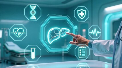 A gloved hand touches a glowing liver hologram in futuristic interface with icons like dna and chart, clean tech medical setting, acidity, heartburn theme - Powered by Adobe