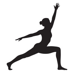 Silhouette of a woman practicing yoga in warrior two pose on white background