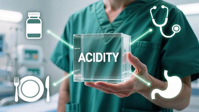 A healthcare worker holds a glowing glass cube labeled acidity with icons for stomach, food, and care, clean modern clinic scene, acidity, heartburn keyword focus